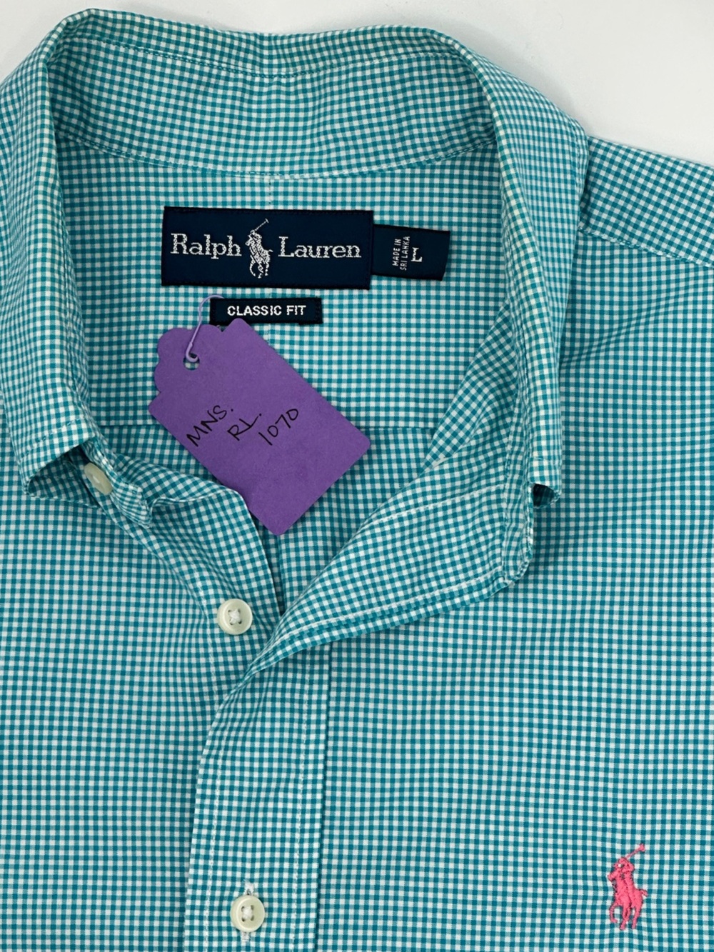 Ralph Lauren Classic Fit Teal Gingham Button Down Shirt Pink Pony Men’s Large